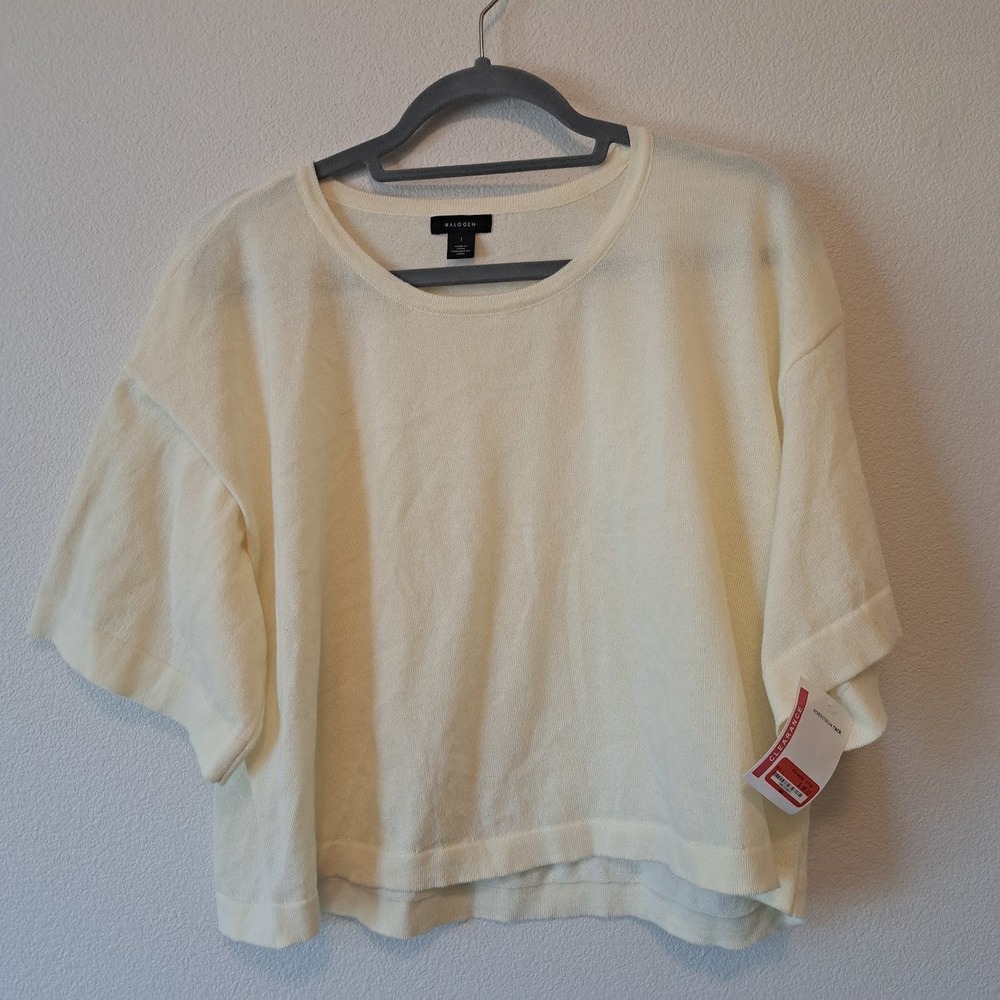Halogen Womens Cream Ivory Short Sleeve Knit Sweater Crew Neck Top Size L NWT